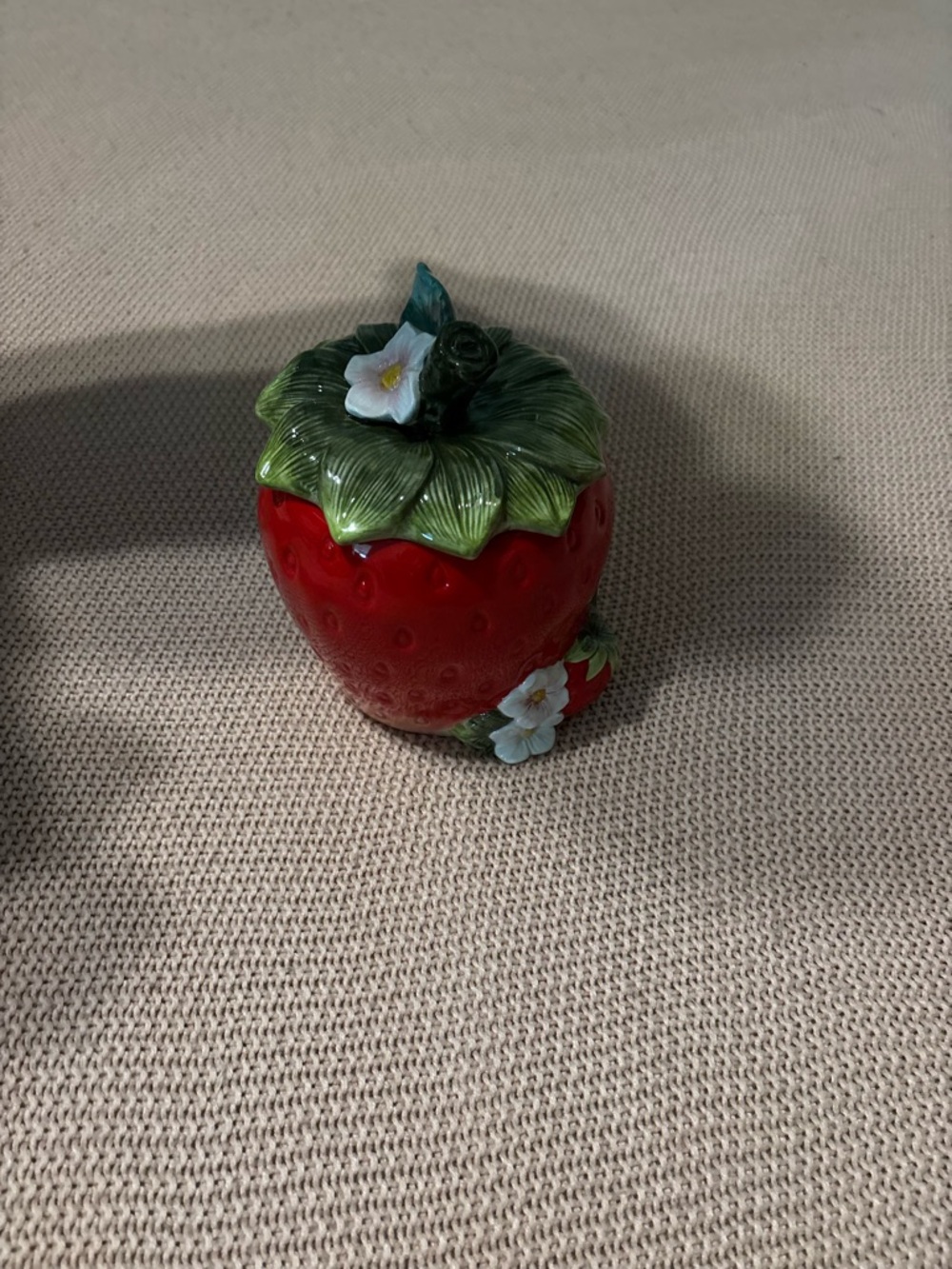 Ceramic Strawberry Cookie Jar with Green Leaf Lid